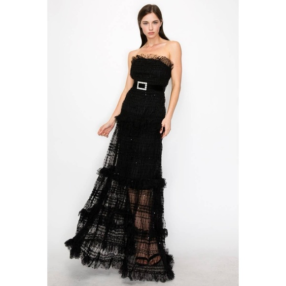 NWT Boutique Zina Black Strapless Tulle Tiered Maxi Gown - Picture 5 of 8
